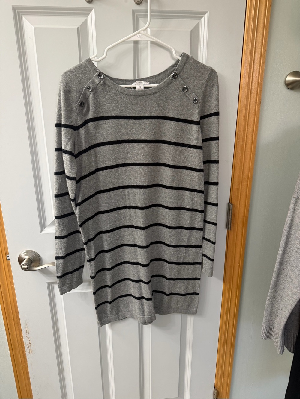 Gray Striped Long Sleeve Knit Top with Shoulder Buttons